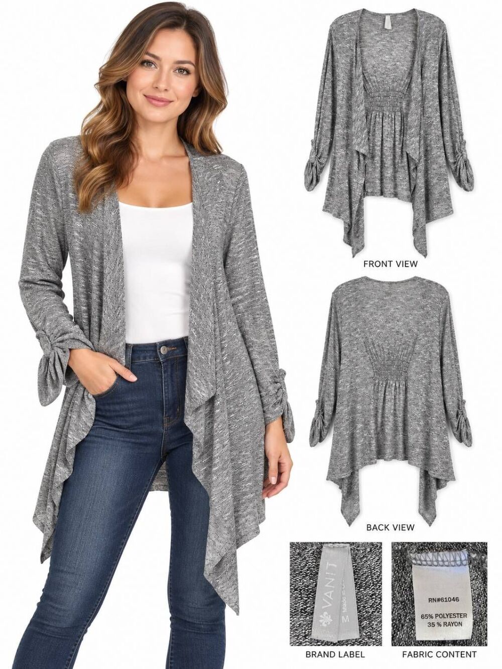 Vanity M Gray Waterfall Open Front Draped Cardigan